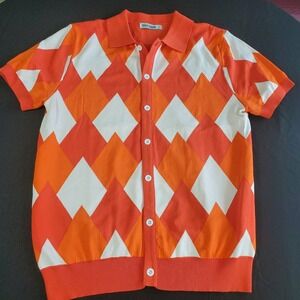 GRACE KARIN Mens S Short Sleeve Orange Argyle Golf Polo Shirts Casual Knitwear